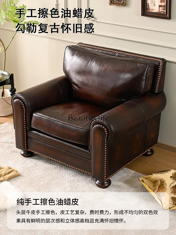 

2 yj15 American Style Genuine Leather Sofa Top Layer Full Genuine Oil Wax Leather Solid Wood Living Room Four-Seater Straight