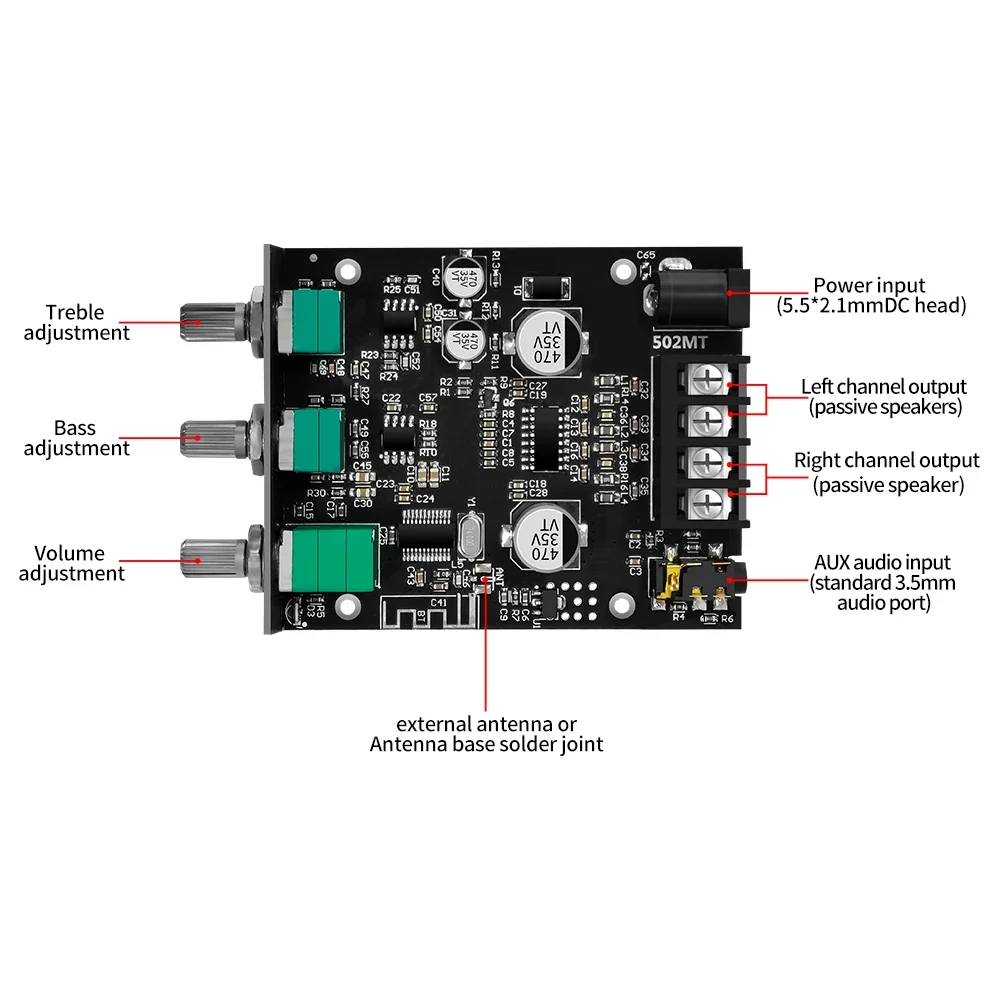 Digital HIFI Amplifier Board Module, ZK-502MT 2.0, Stereo T Sound, Bluetooth Audio, 50W x 2, High, Low Tone