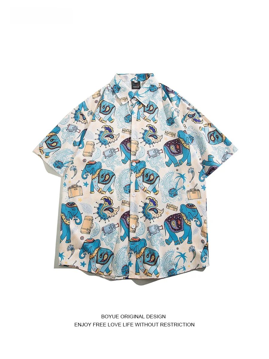 

Boyue Summer Vintage Creative Cartoon Elephant Flower ort Sve irt ex Holiday Wear Casual Loose Fit Youth Faion