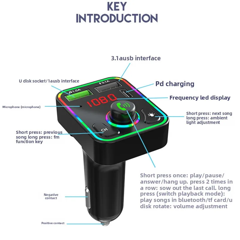 Car Mp3 Bluetooth Player F3 Car Charger Colorful Ambient Light Bluetooth Hands-free Fm Transmitter