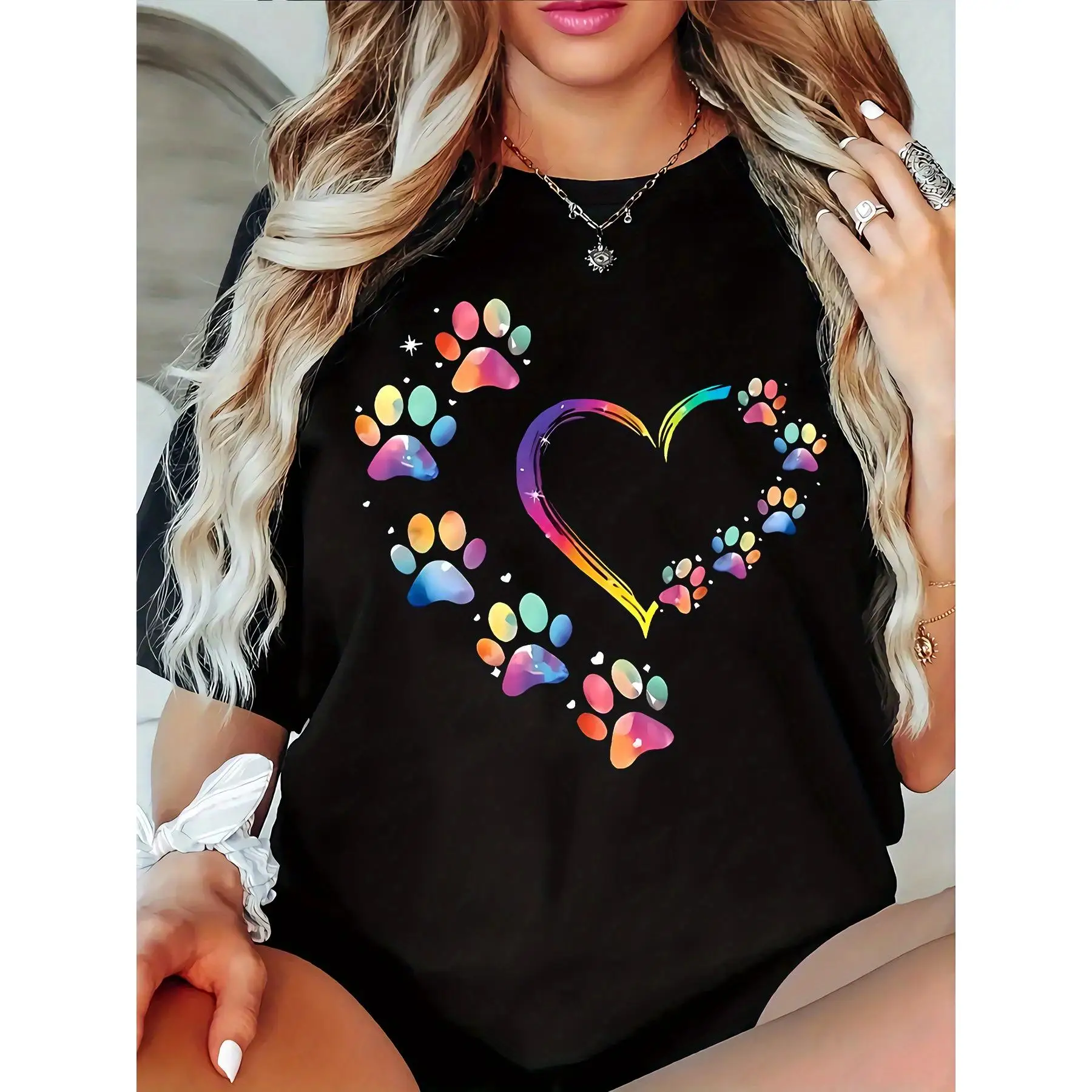 

Colorful Paw Print Heart T-Shirt for Women - Cute Pet Lover Graphic Tee - Rainbow Dog Cat Mom Shirt - Casual Summer Gift Top