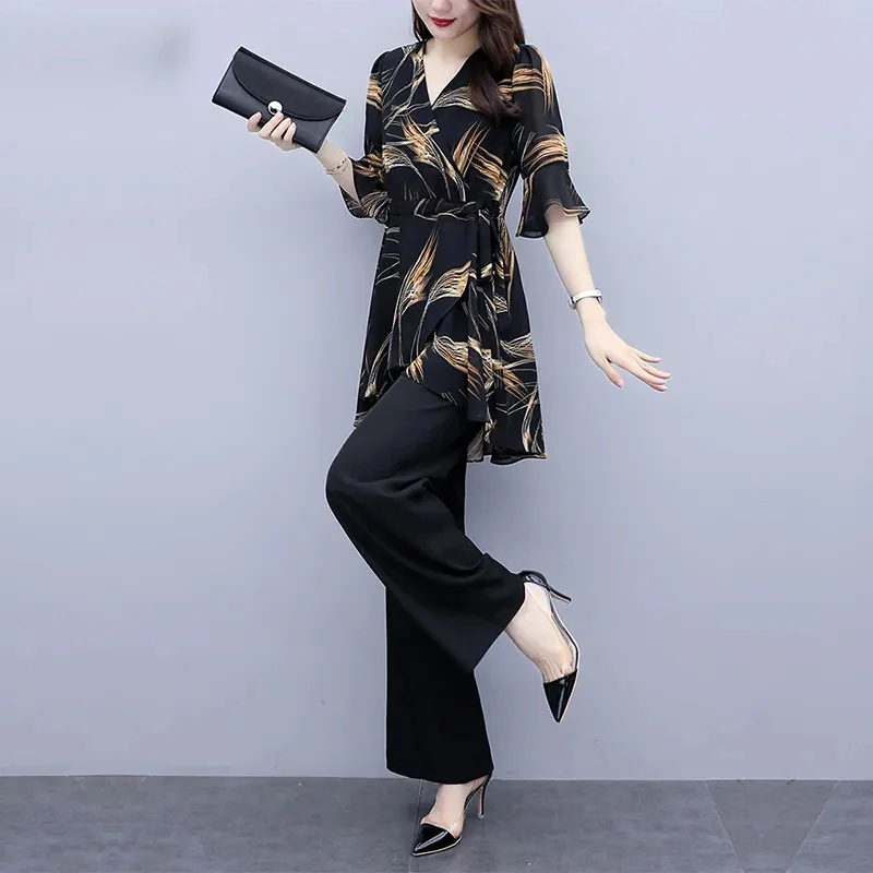 Korean Fashion Loose Wide Leg Pant Suit Women Plus Size 4Xl Casual Two Piece Set Elegant Irregular Print Blouse Female Outfits