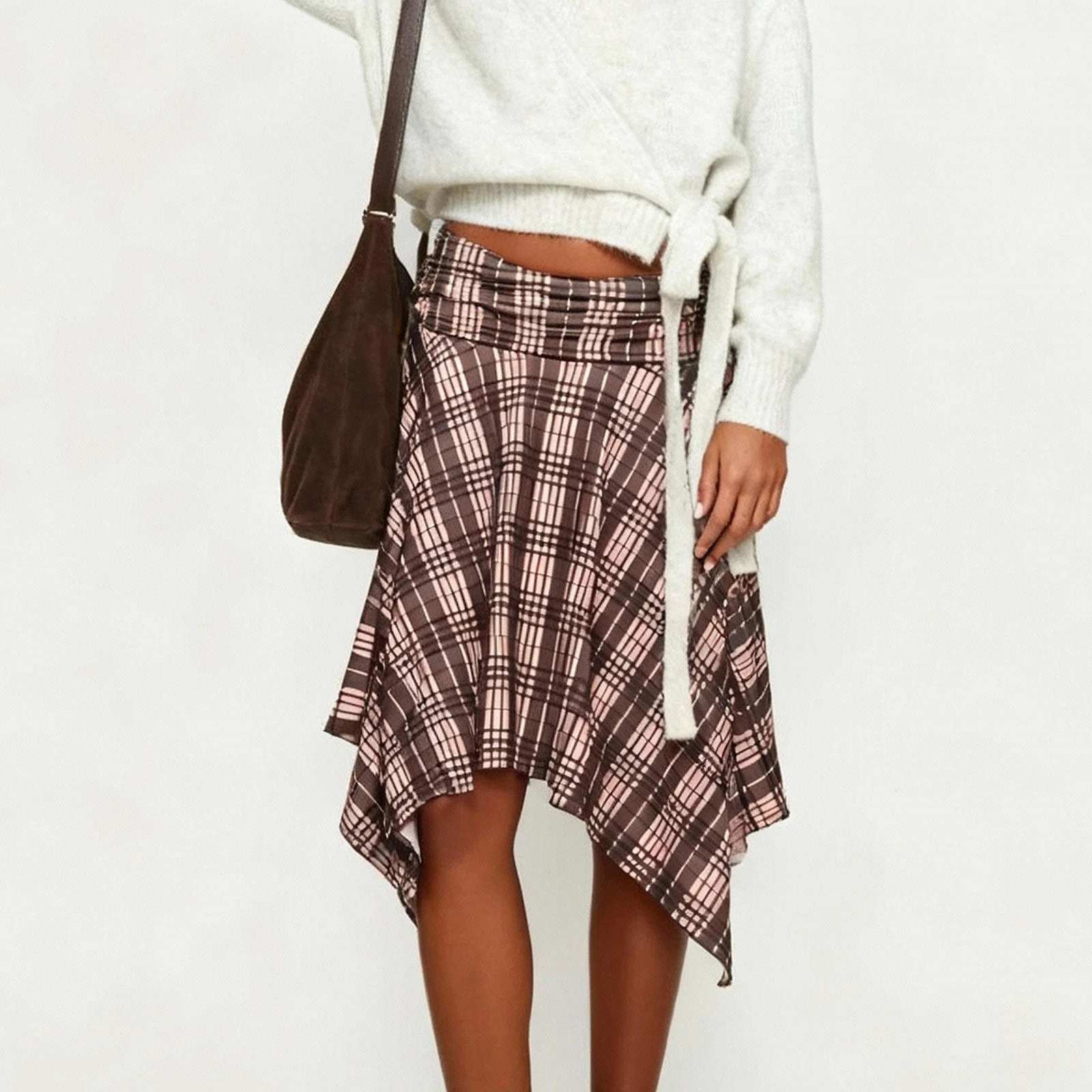

Women Summer Midi Skirts Casual Elegant Plaid Print Asymmetrical Skirt for Beach Vacation Dating Streetwear