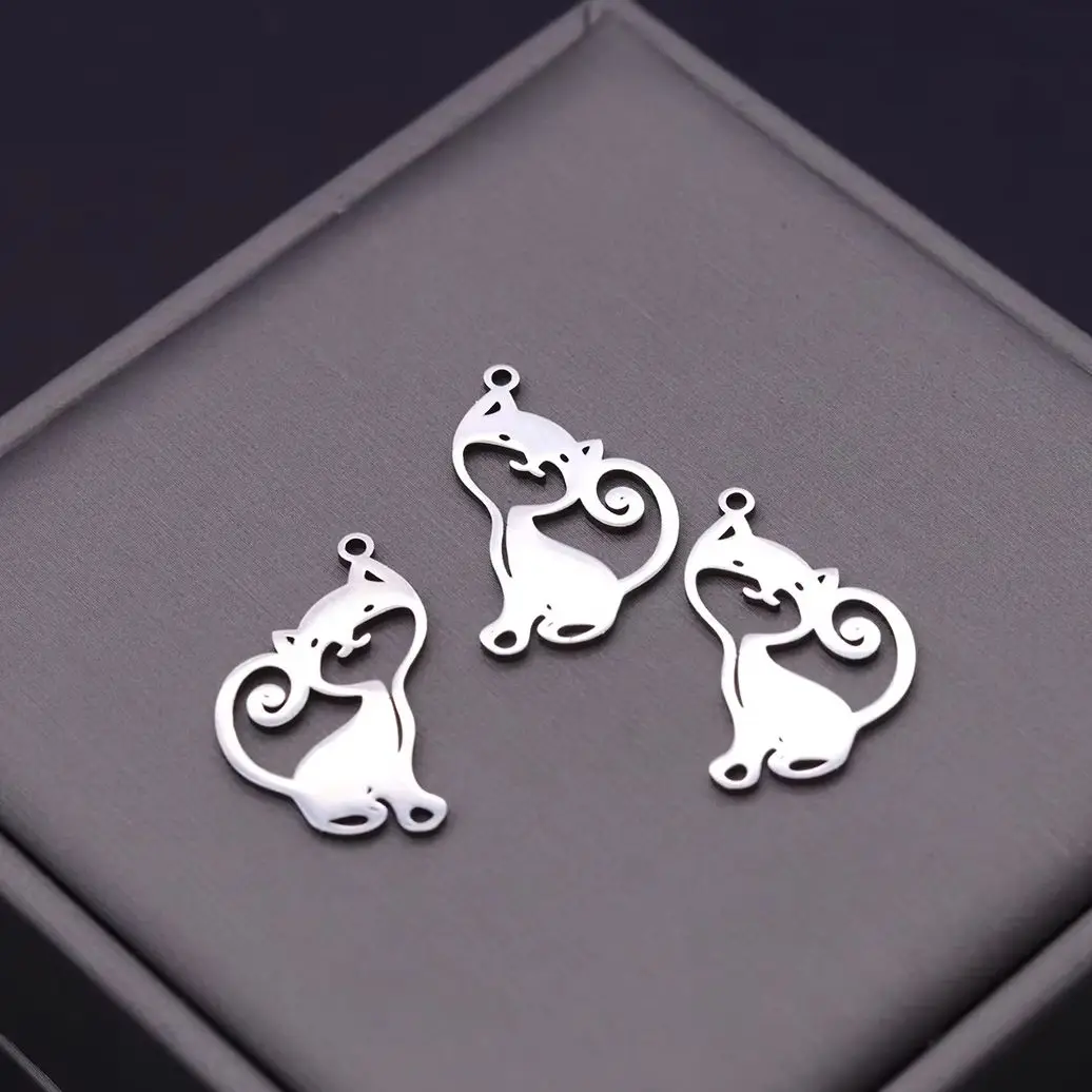 3pcs Silver Sitting Cat Charms Pendant Stainless Steel DIY Handmade Necklaces Earrings Jewelry Making Cat Lover Gifts Accessorie