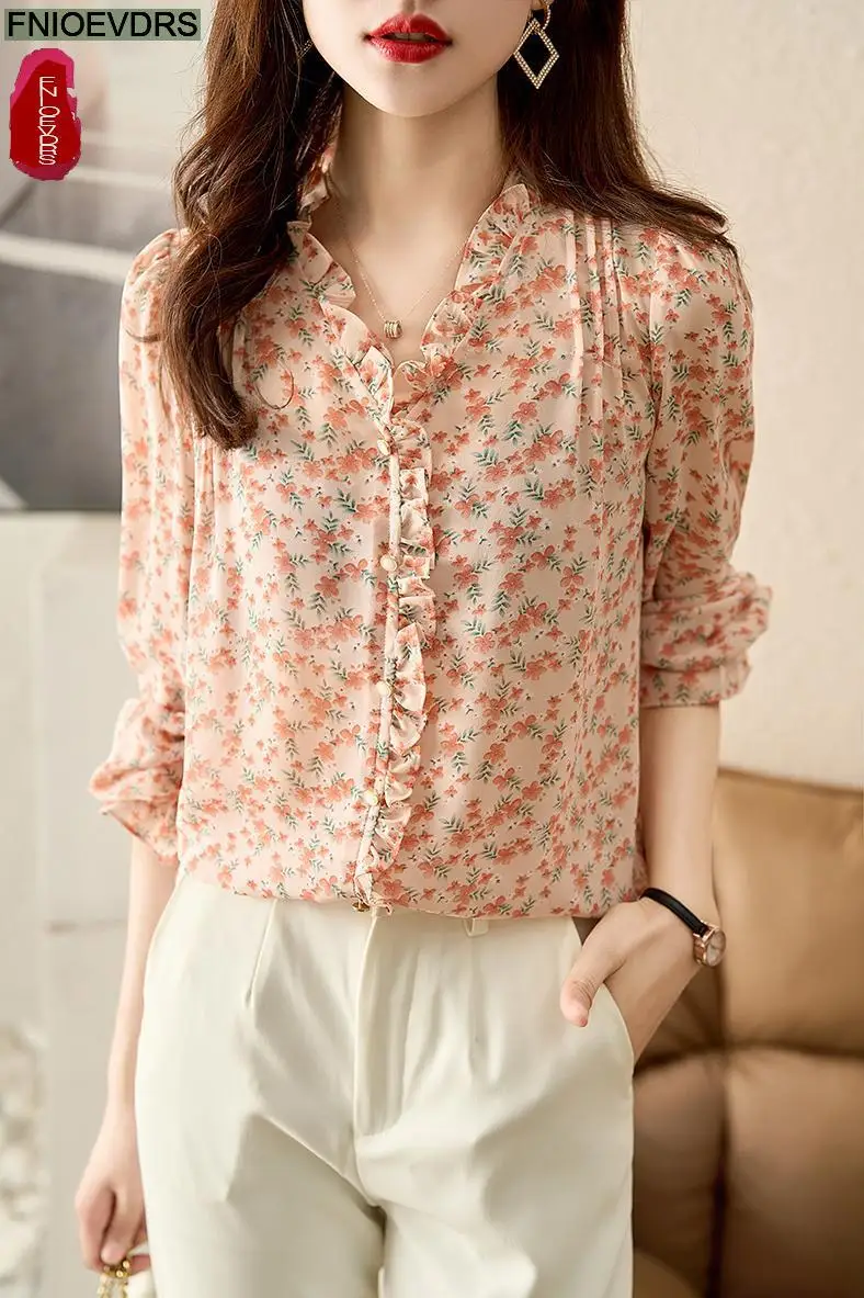 S-XL 2023ผู้หญิงแขนยาว Elegant Office Lady ทำงานปุ่มเสื้อ Retro Vintage Sablon Bunga สีชมพู Ruffles เสื้อและเสื้อ