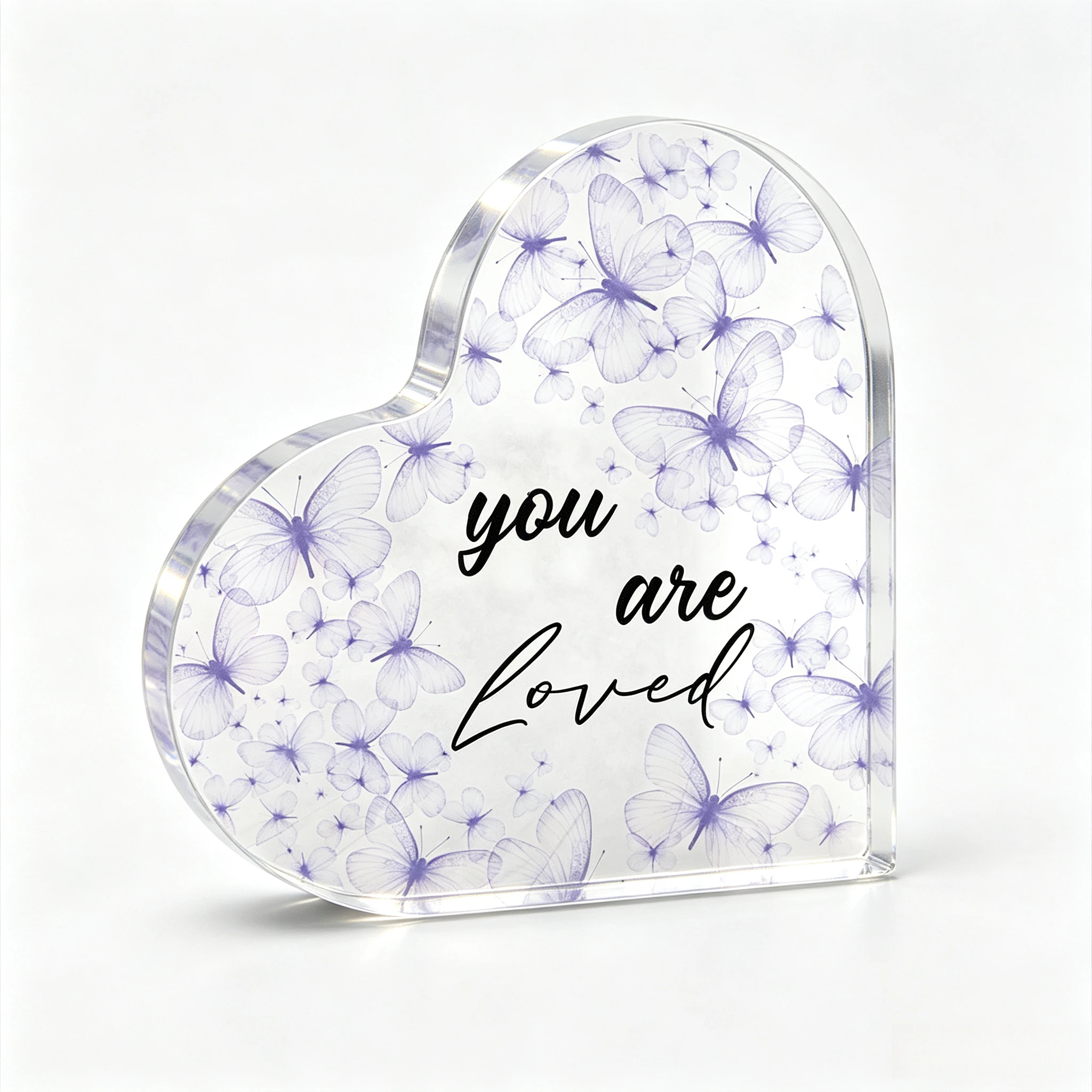 Lavender Butterfly Pattern Heart‑Shaped Acrylic Ornament, Encouragement Tabletop Home Decor