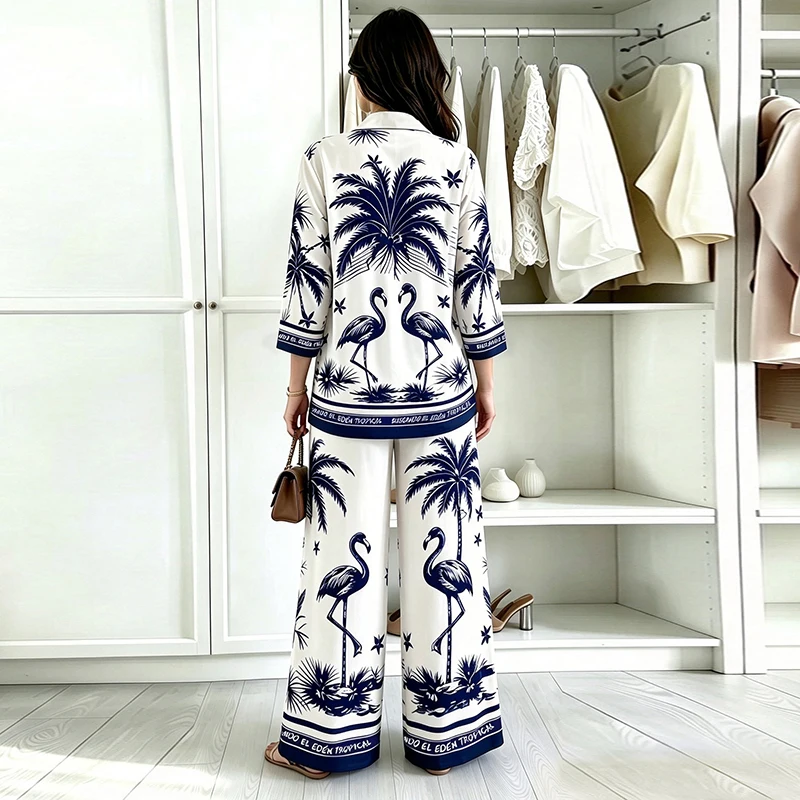 Temperament Collar Loose Office Commute Outfit Autumn Elegant Printed Long Sleeve Suit Casual Single Breaste Shirt+Pants 2pc Set