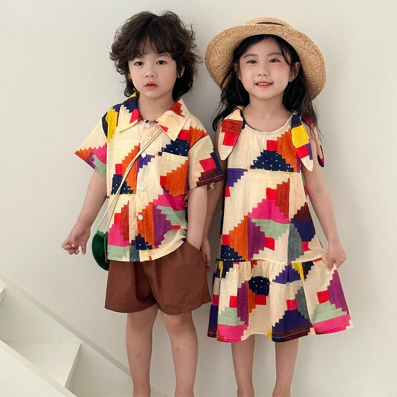 Vacation Style Children's Clothes Boys' Lapel Shirt Shorts 2pcs Girls' Colorful Print Sleeveless Dress Siblings Summer Outfit