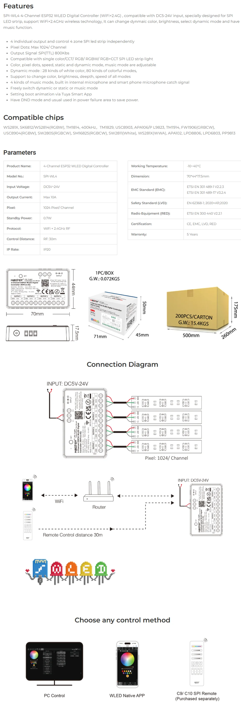 Miboxer SPIW5-4 5 in 1 SPI LED Controller WiFi+2.4G RF Remote Control 4-Channel SPI-WL4 ESP32 WLED Pixel Strip Signal Amplifier