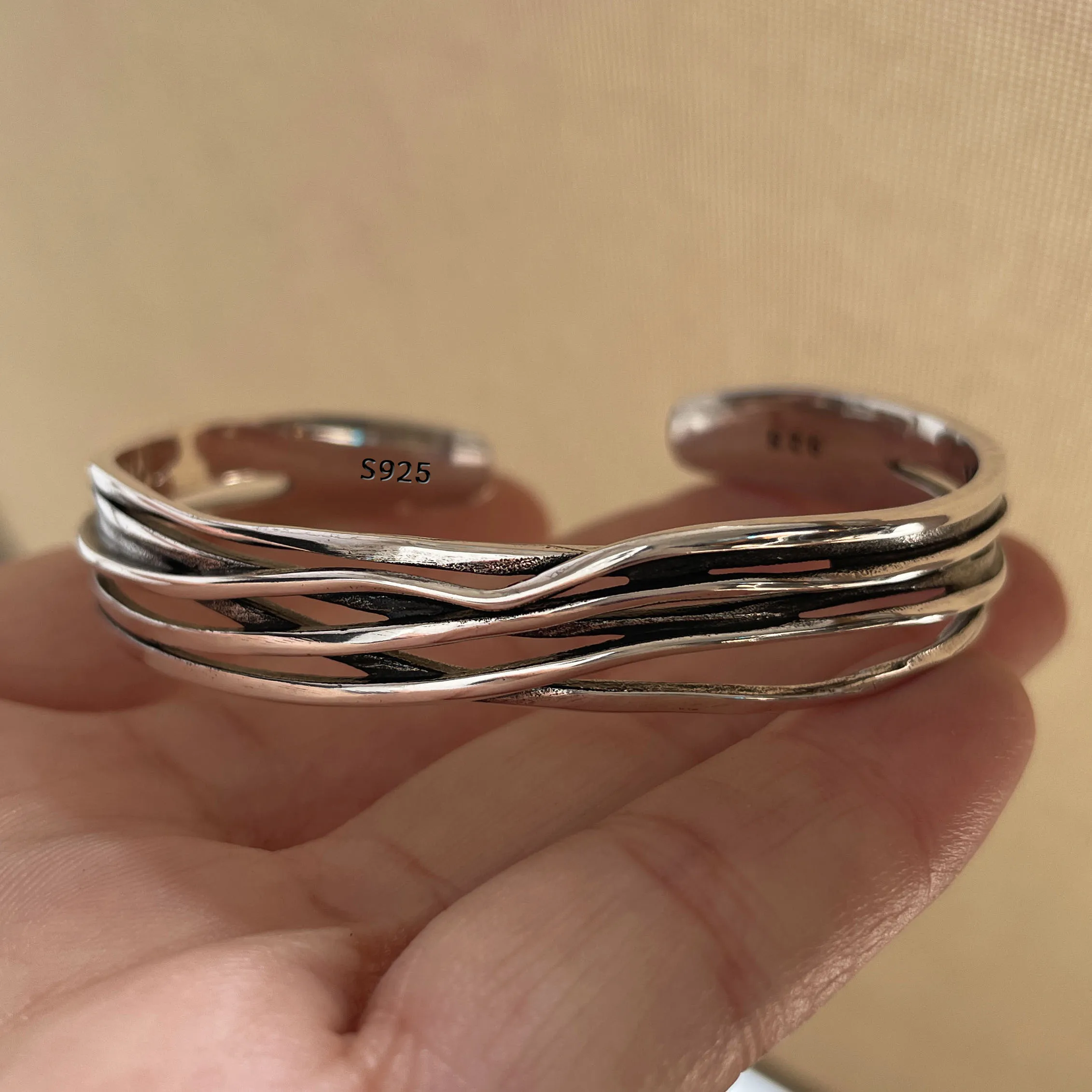 100 % massives 925er-Sterlingsilber-Metallarmband für Damen, Vintage, handgefertigt, schlichtes Retro-Armband mit schwarzem Stein, Geburtstagsgeschenk, Party