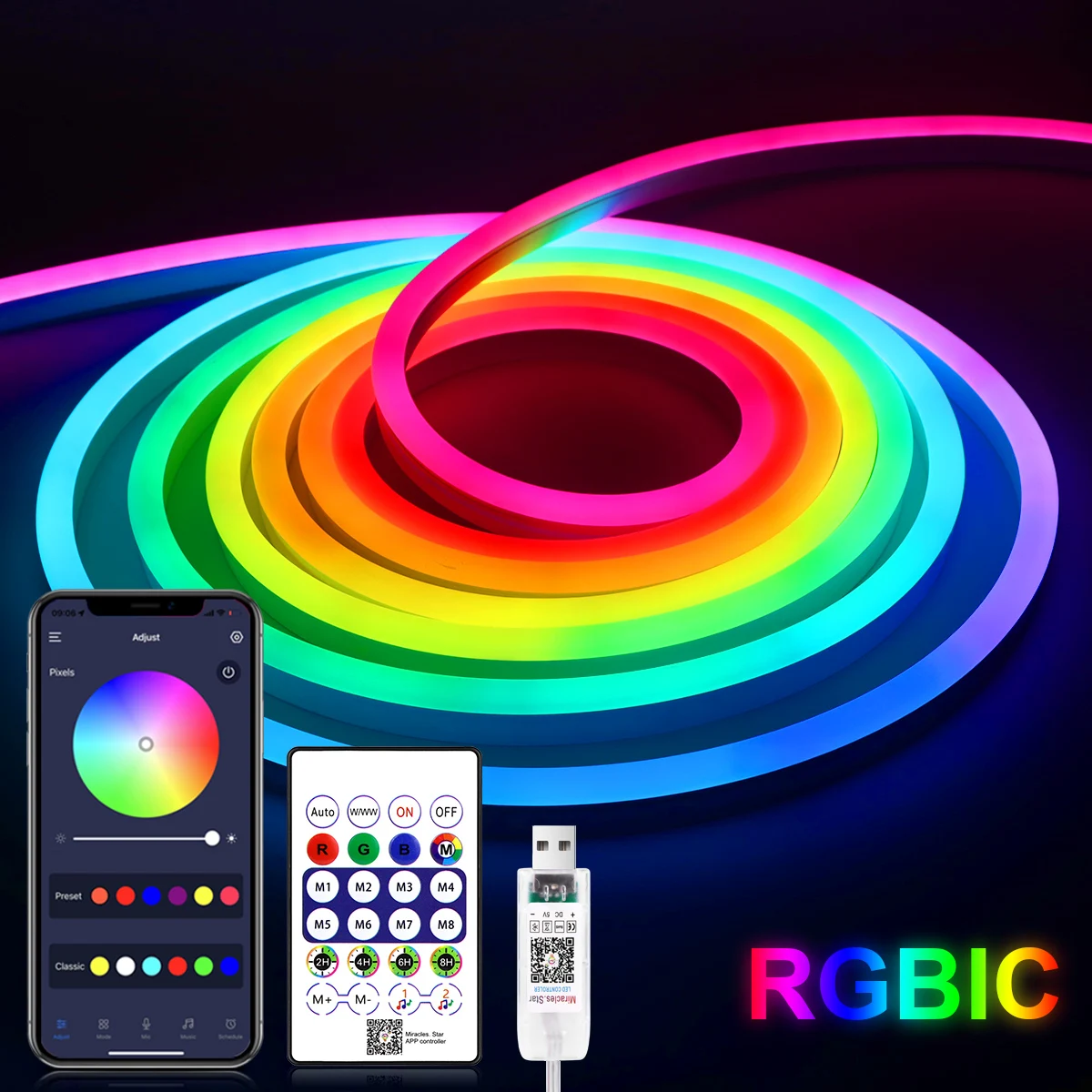 Ws2812 rgbic neon rgb tira led regulável 5v usb fita de luz led bluetooth inteligente flexível fita led chambre decoração iluminação