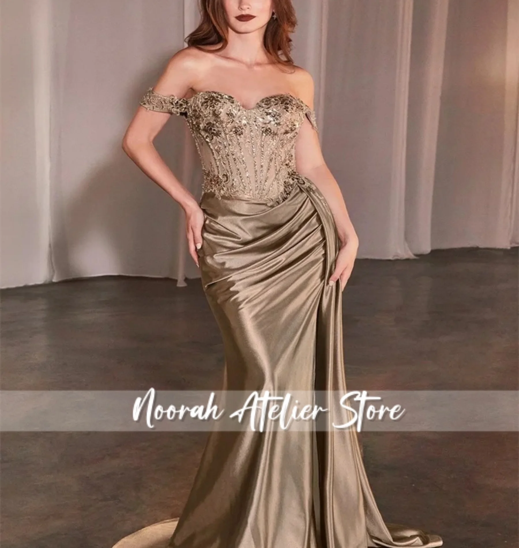 New Champagne Sparkly Off Shoulder Luxury High Quality Women Evening Dresses 2025 Sexy Wedding Long Party Gown Customized