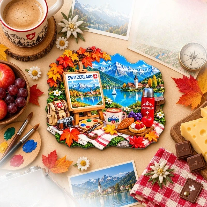Switzerland Autumn Easel Fridge Magnet - Scenic 3D Alpine Souvenir Unique European Gift for Travel & Art Lovers Decor