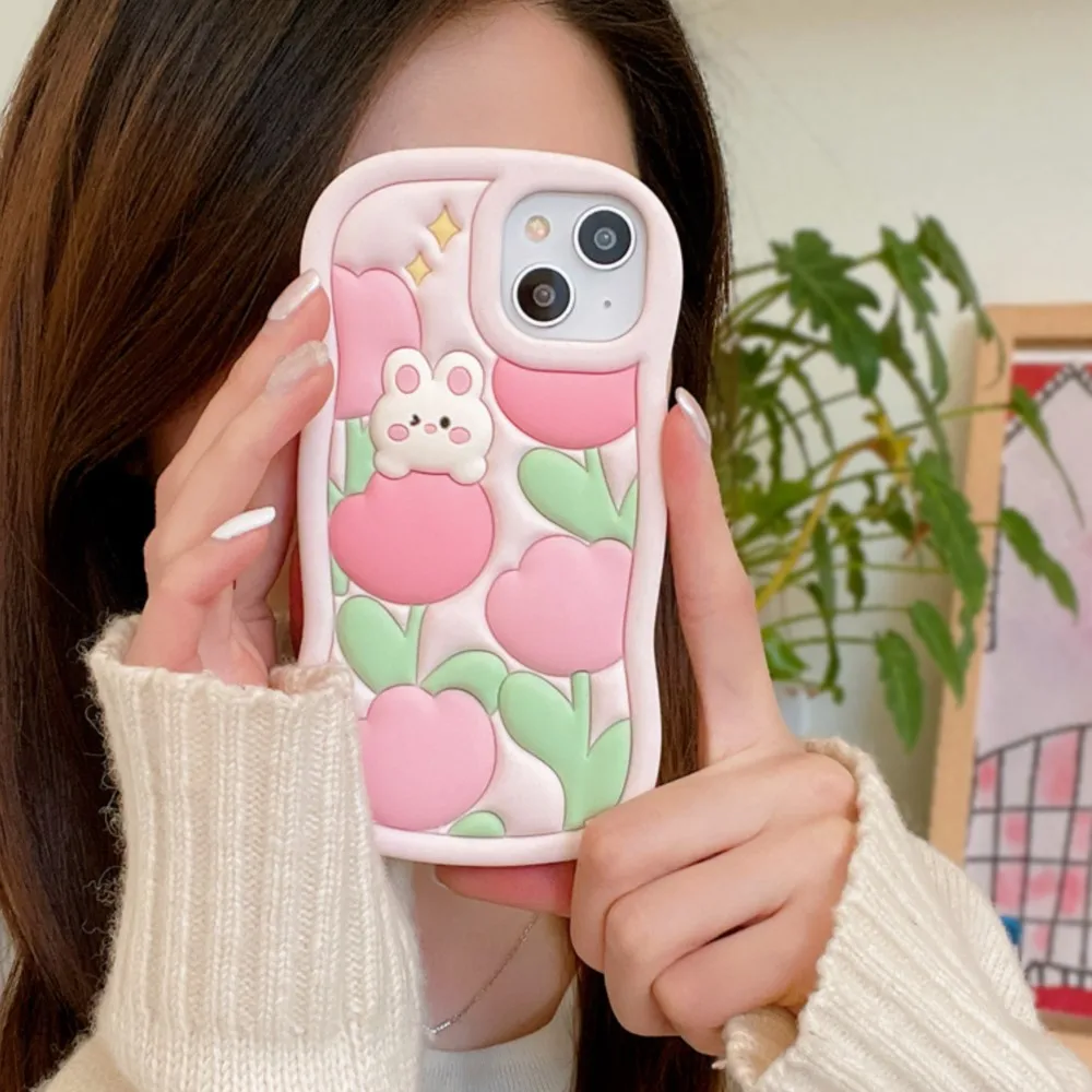 Cartoon 3D Cute Tulip Flower Rabbit Pink Silicone Phone Case for IPhone 16 15 Pro 11 12 13 14 Pro Max Soft Shockproof Cover