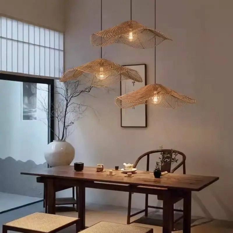 

Wabi Sabi Style Rattan Pendant Light Vintage Dining Fixture Zen Tea Room Chandelier for Restaurant Boho Bedroom Ceiling Lamps