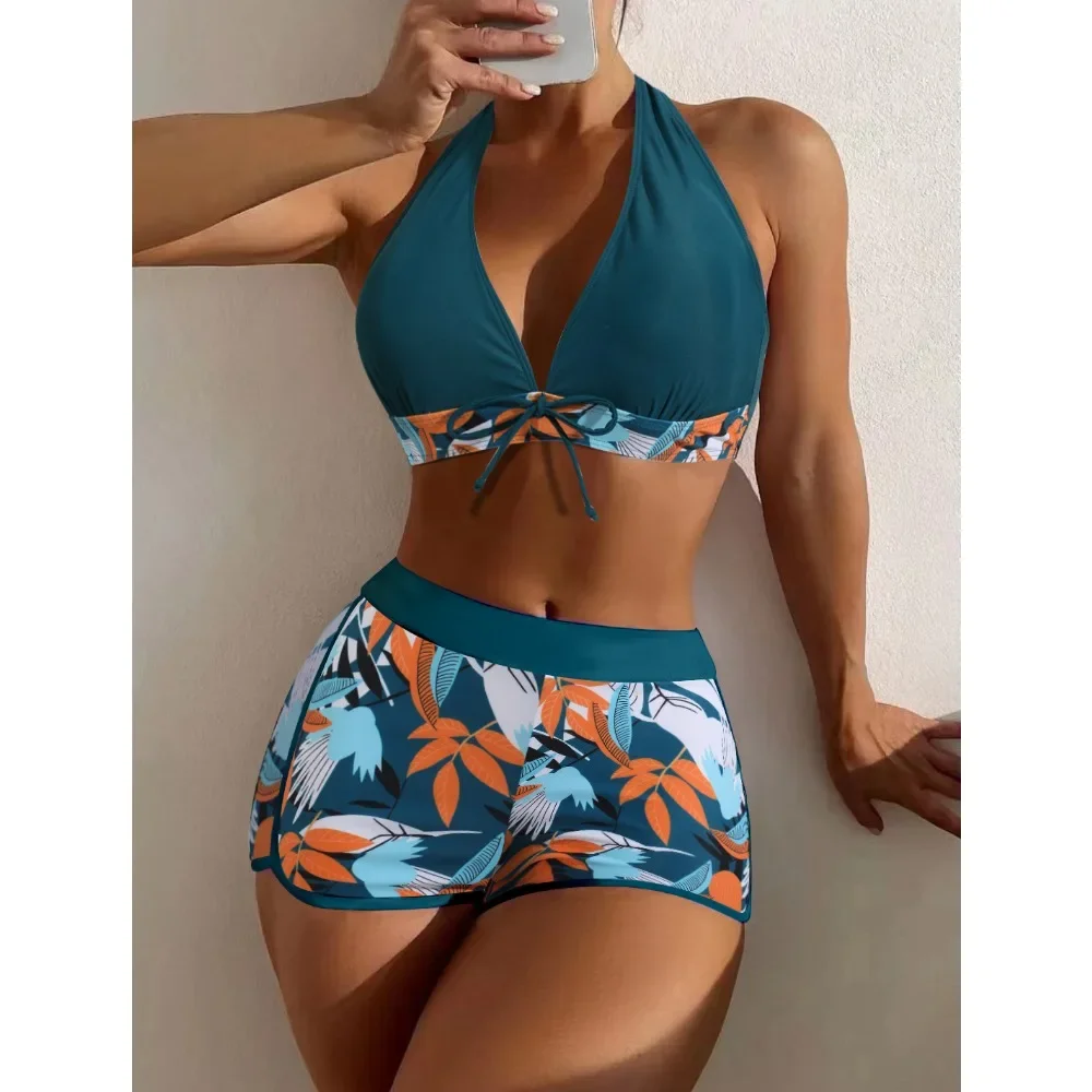 2024 Europe and The United States Swimsuit Women\'s Split High Waist Flat Angle Lace-up Print Solid Color Patchwork Swimsuit