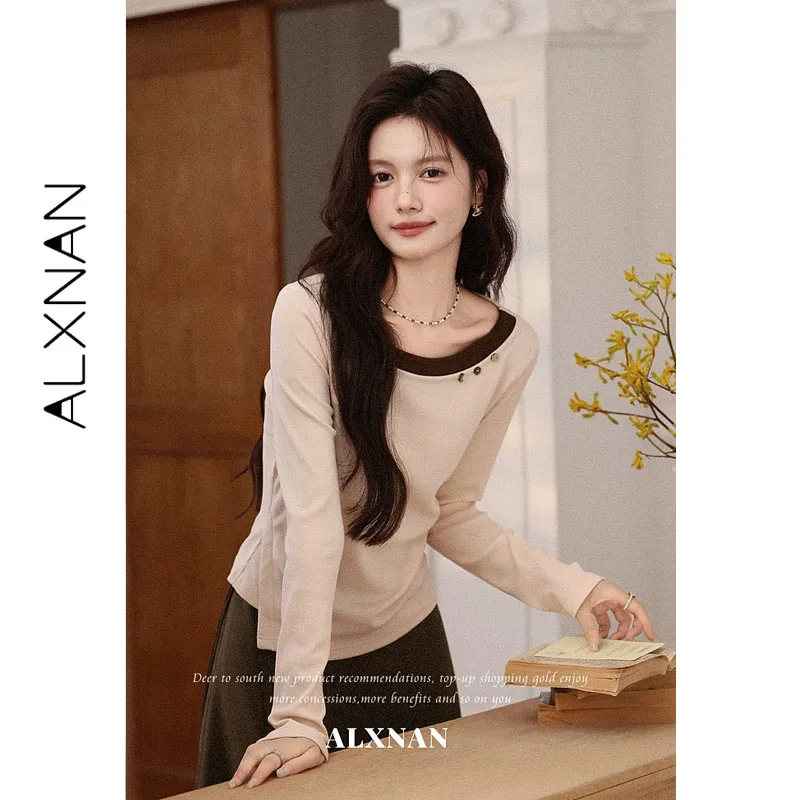 ALXNAN Oatmeal Long Sleeve T‑shirt Women Color‑contrast Big Round Neck Button Decoration Waist Pleated Pullover 2026 Tops L67671