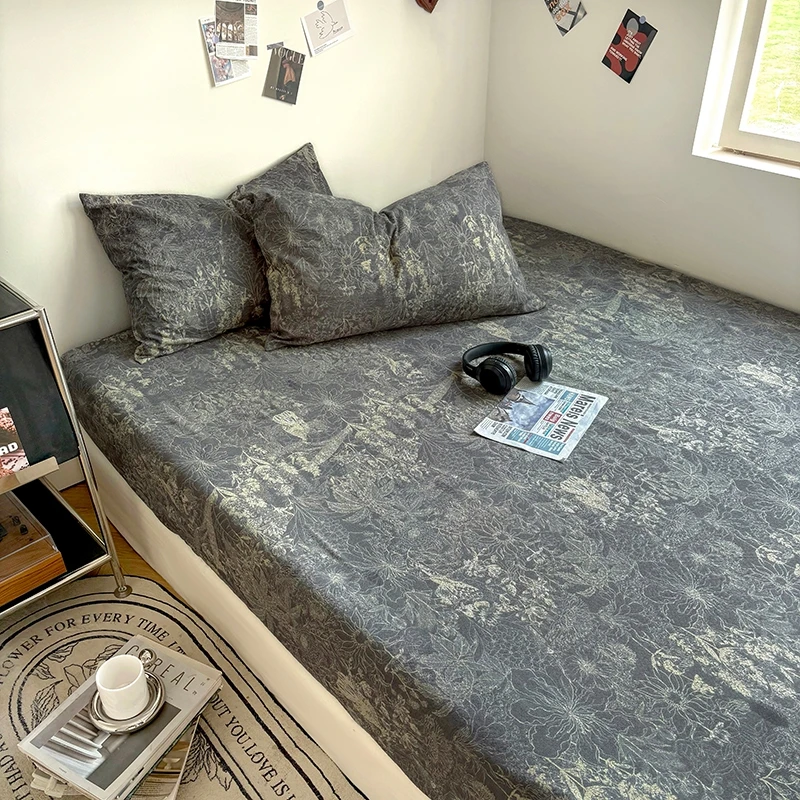 Retro Style Fitted Bed Sheet Raw Linen Material Bed Sheet All-inclusive Mattress Cover Flower Printed Single/Queen/King Bedsheet