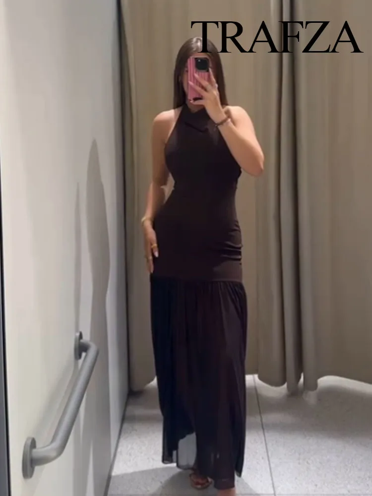 

TRAFZA Female Autumn Elegant Fashion Solid Swinging Collar Sleeveless Dress Women's Temperament Sexy Backless Slim Long Dress