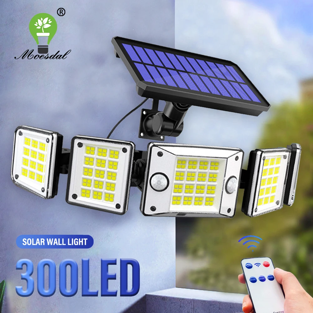 

300 LED Outdoor Solar Light with Motion Sensor Wall Light 5 Rotatable Heads IP65 Waterproof Flood Light for Garage Patio Garden