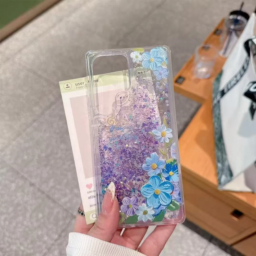 Luminous Sequins Glitter Quicksand Case For Samsung S25 S24 S23 Ultra Glitter Flower Bling Clear TPU Cover