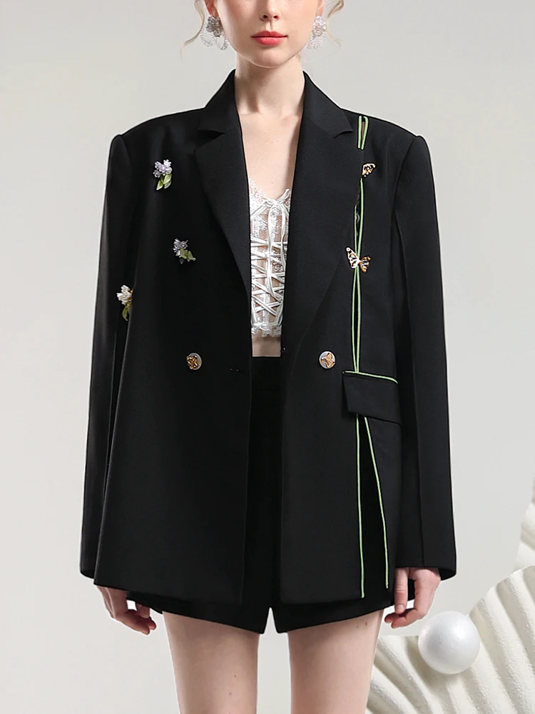 New Chinese Crystal Bouquet Suit Jacket Women 2024 Autumn New Three-Dimensional Butterfly Black Loose Blazer Coat High Street