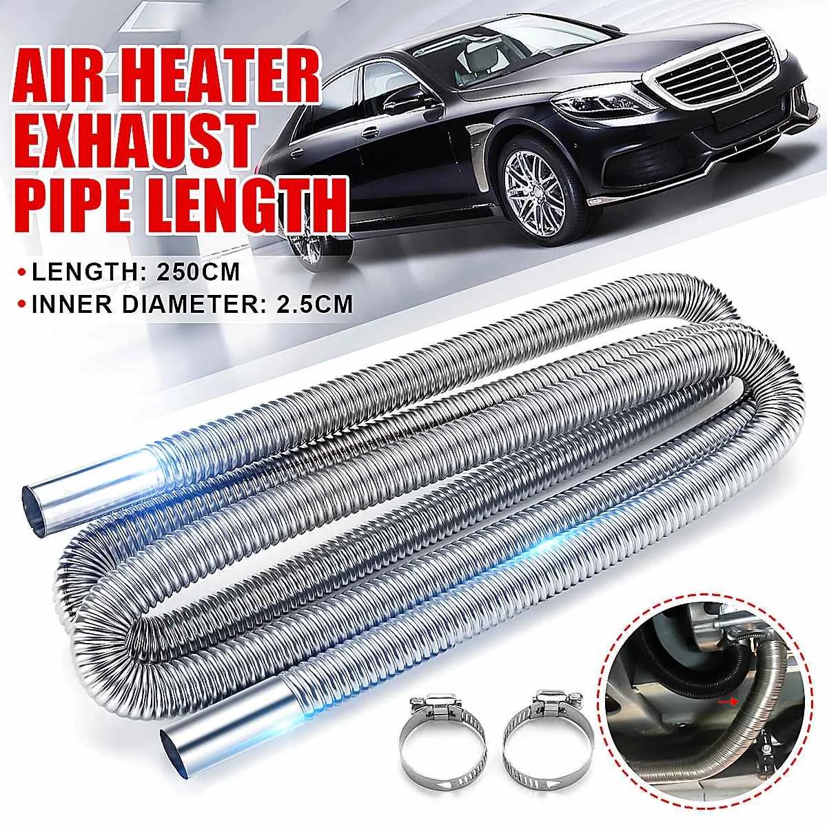 250cm Car Air Diesel Parking Heater Exhaust Pipe w/Clamps Stainless Steel Gas Vent Hose Tube For Car Truck Van RV Caravan