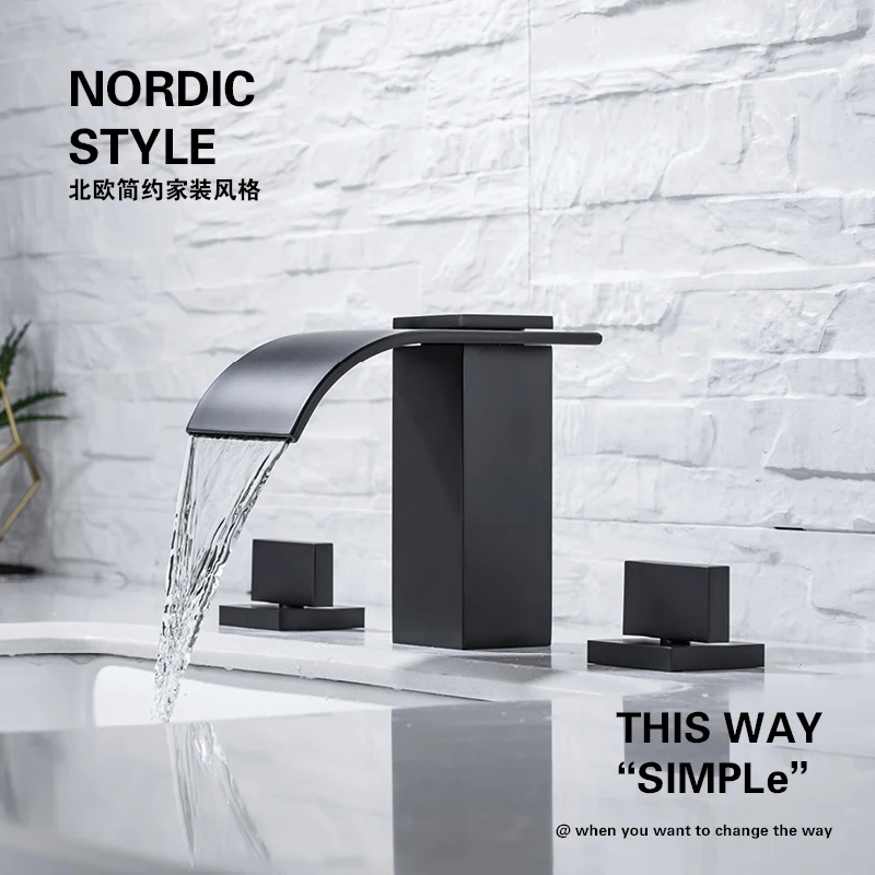

8 Inch Waterfall Bathroom Sink Faucet Deck Mounted 3 Hole Lavatory Basin Sink Faucet Dual Handle Hot and Cold Mixer Tap Black