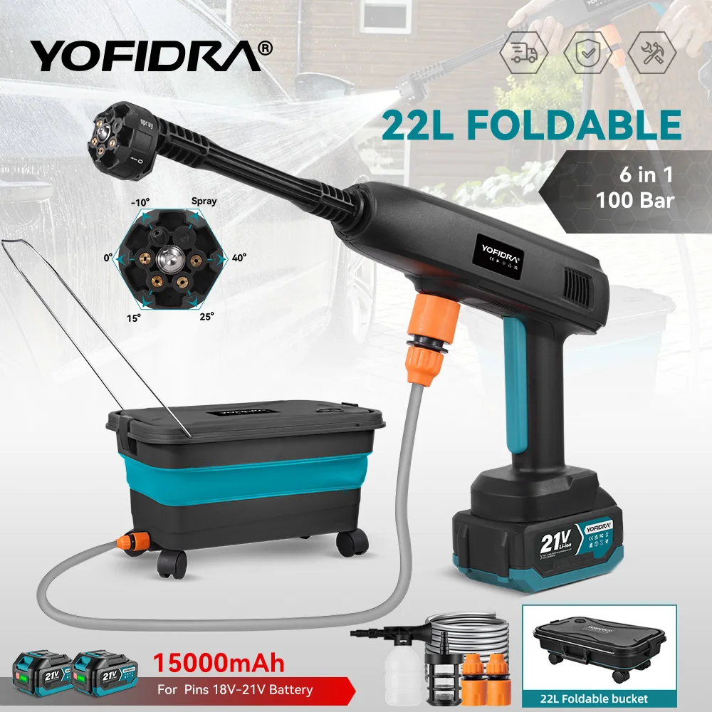 YOFIDRA 6 IN 1 100Bar Elektrische Wassersprühpistole mit 22L faltbarem Wassereimer, Haushalts- und Autowaschmaschine für Makita 18V-21V Akku.