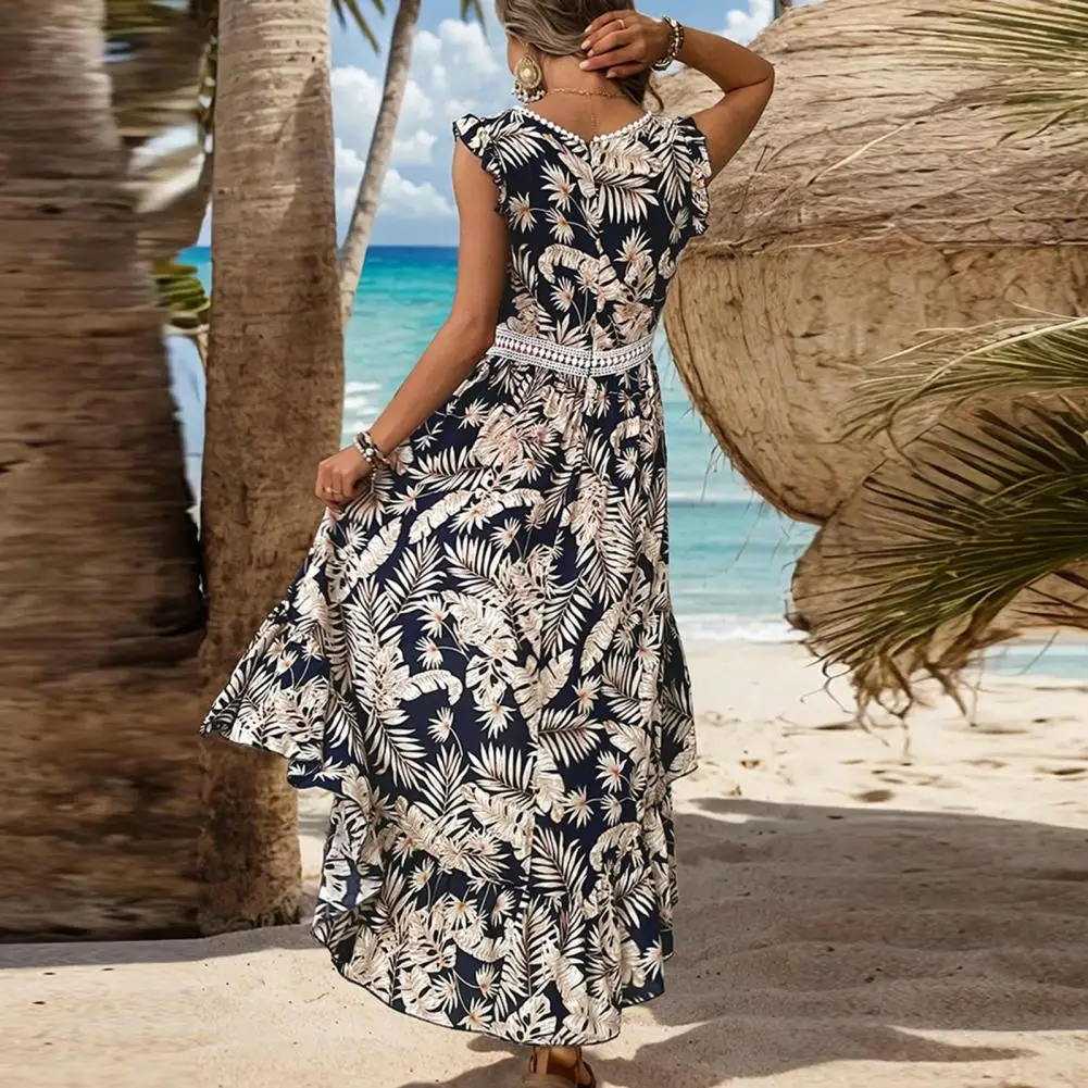 Vestido de playa con estampado de hojas para mujer, elegante vestido bohemio con cuello en V, cintura ahuecada, vacaciones de verano