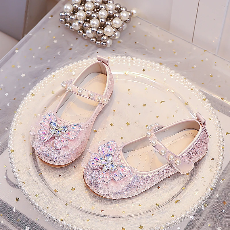 Mädchen Lederschuhe mit Glänzenden Pailletten und Süßen Schleifen, Kinder Flache Schuhe mit Klettverschluss, 2026 Neue Mode Kindertanzschuhe für Party und Hochzeit – Detail 5