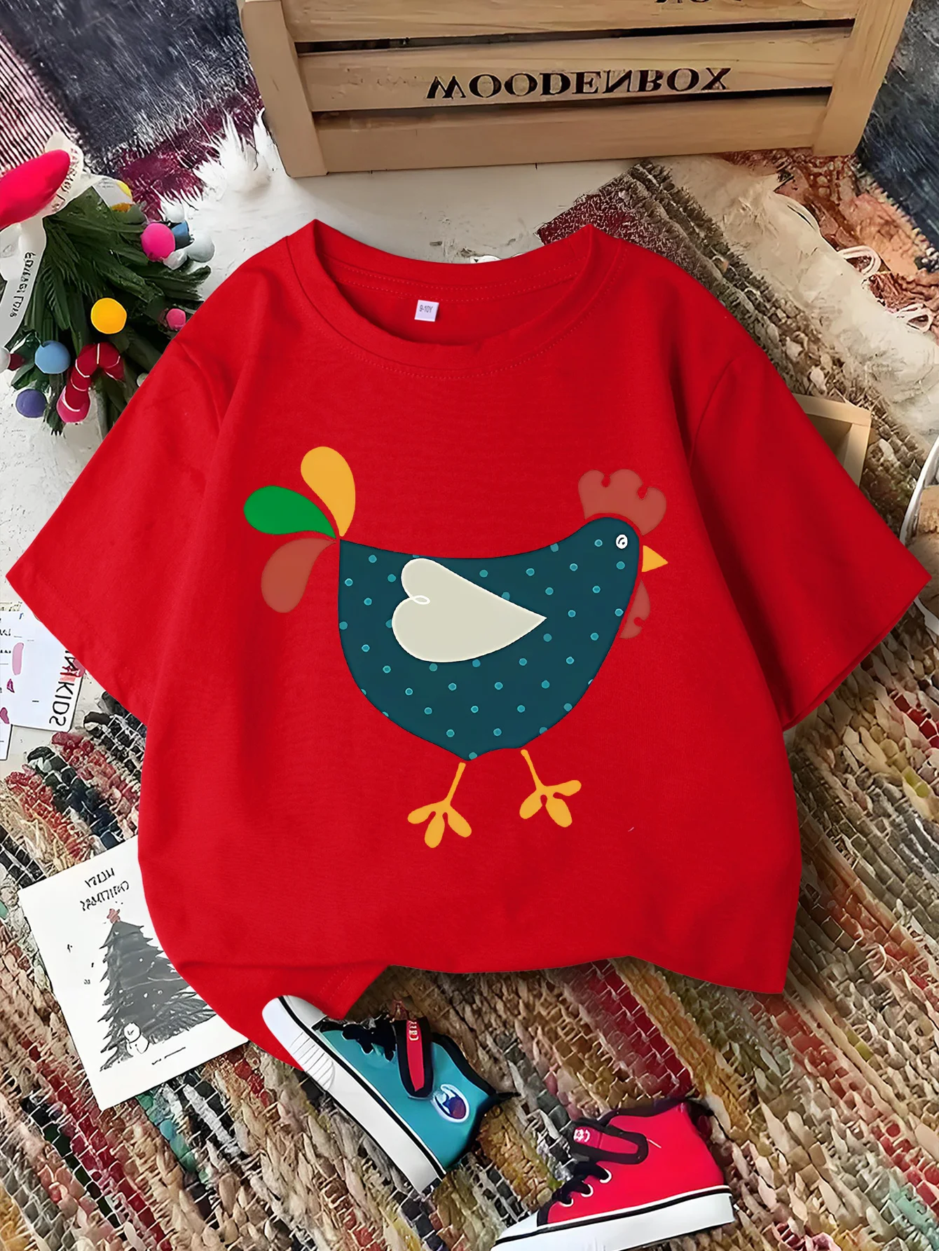 Cute Polka Dot Cartoon Chicken Print Graphic Kids Tee Boys Girls Family Matching Cotton Crew Neck Short Sleeve Soft Summer Tee