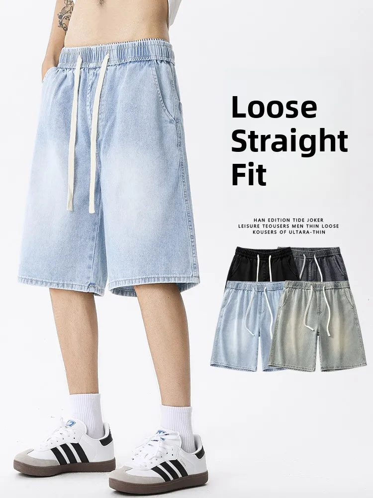 

Light Blue Men's Denim orts Summer Thin New Sle Student Mid-Calf Casual Pants Five-Quarter Length Straight Leg Jeans