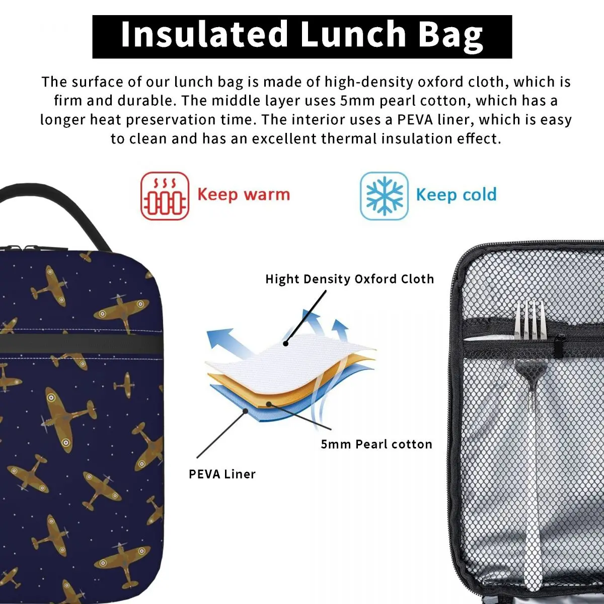 Spitfire War Planes In Flight On Navy Blue Insulated Lunch Bag for Women Children Portable Food Boxes Thermal Lunch Box Tote