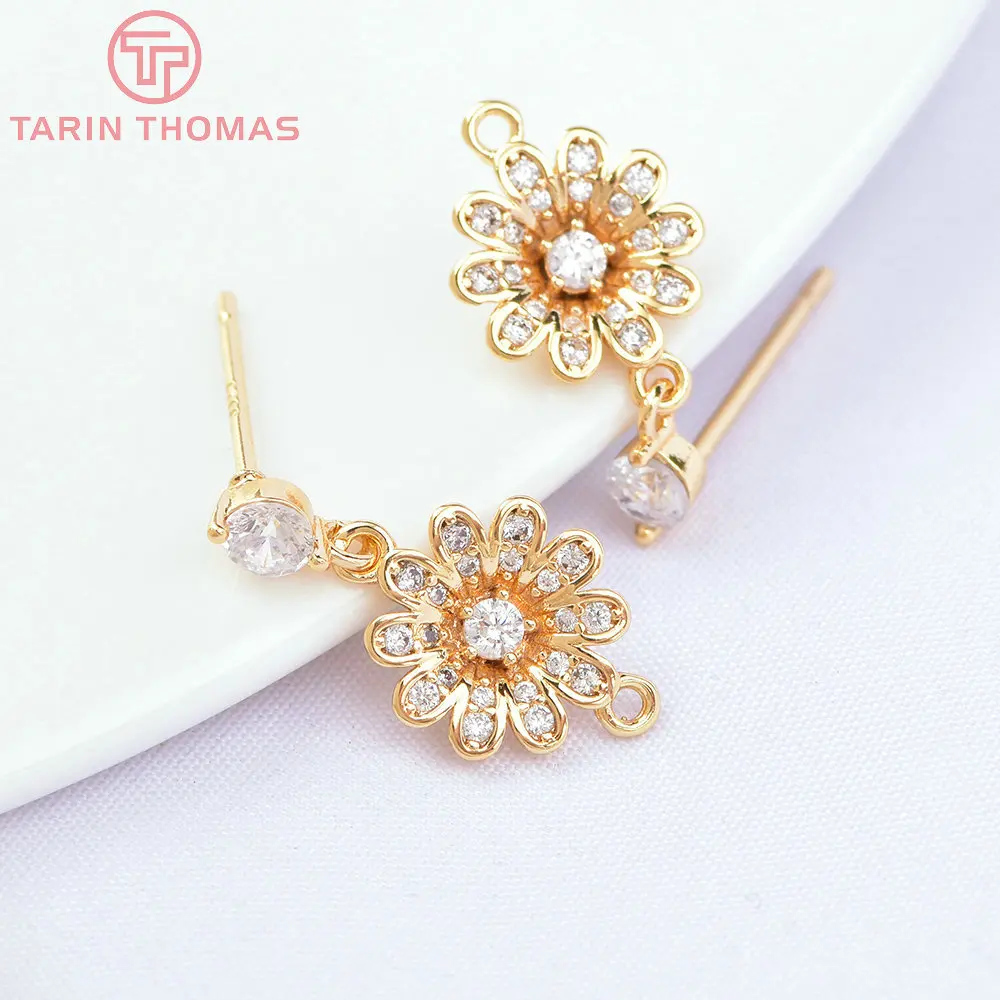 (6678) 4PCS 8.5MM 24K Gold Color Brass with Zircon Flower Shape Stud Earring Diy Jewelry Making Findings Jewelry Accessories