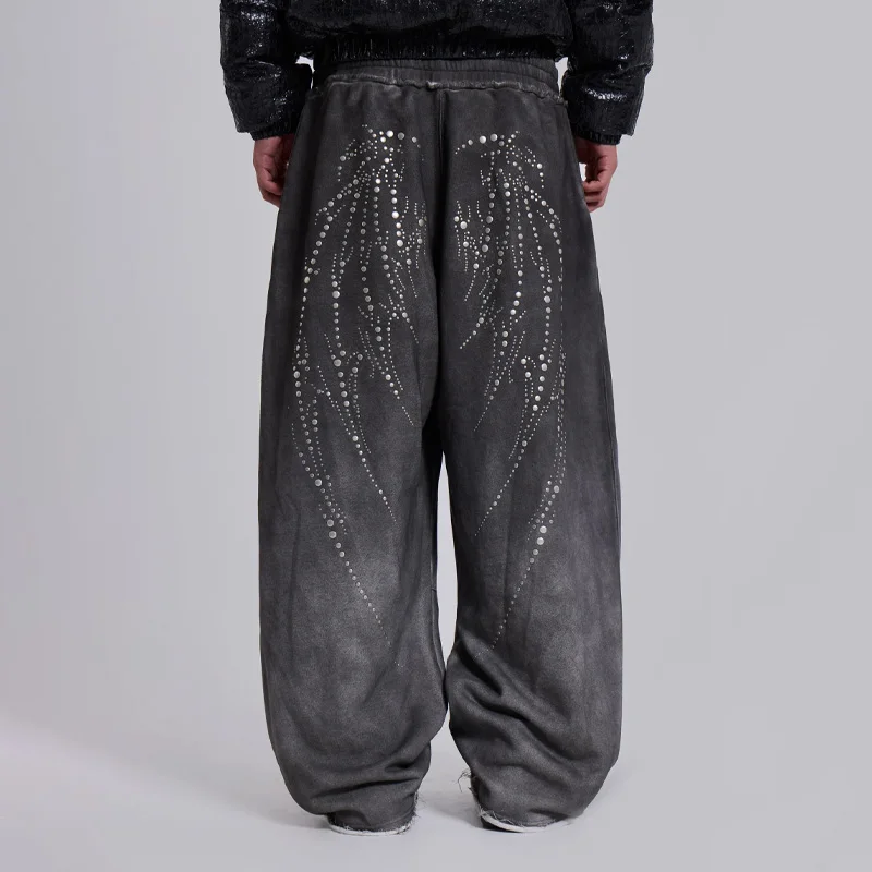 

Y2K Studed Wing Monster Joggers vintage gradient washed men women casual pants Gothic Silver nail streetwear baggy floor pants