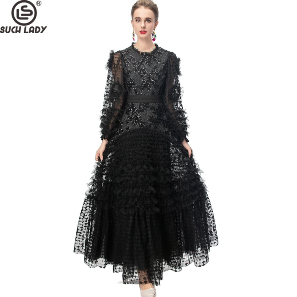 レディース ブラック スパンコール＆チュール ロングスリーブ マキシドレス - エレガントなラッフルレイヤードイブニングガウン、フィット感のあるウエストとシアーなベルスリーブ付き