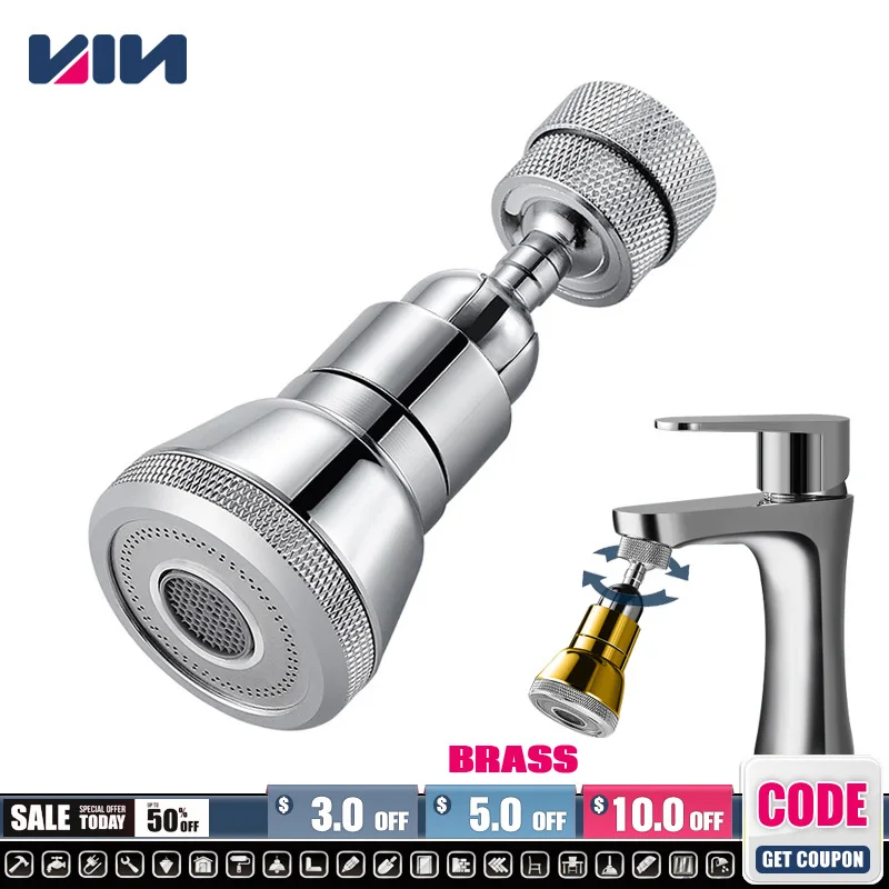 Brass Universal Kitchen Water Faucet Adjustable Pressure 2 Mode Rotating Tap Nozzle Adapter Shower Head Water Saving