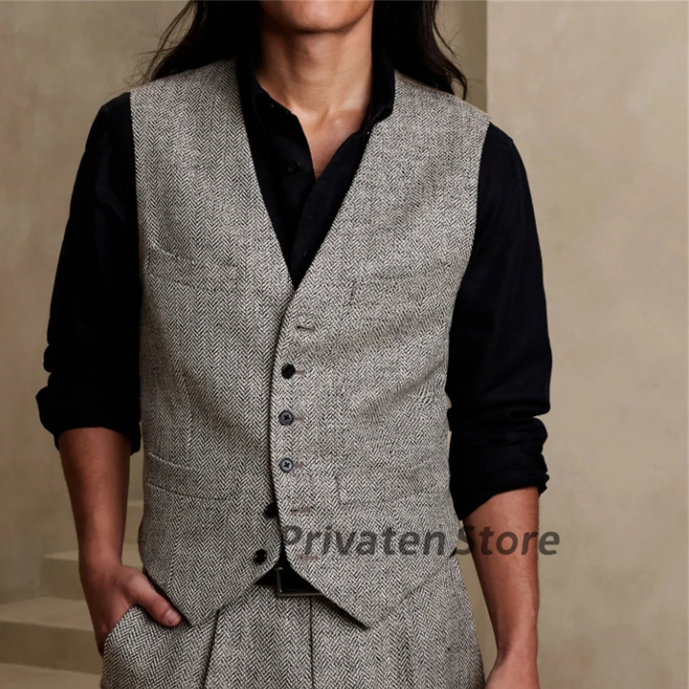 Vests For Men  Herringbone V-neck Grey Single-Breasted  High Quality Plus Size Waistcoat Loose and Comfortable 남성 조끼