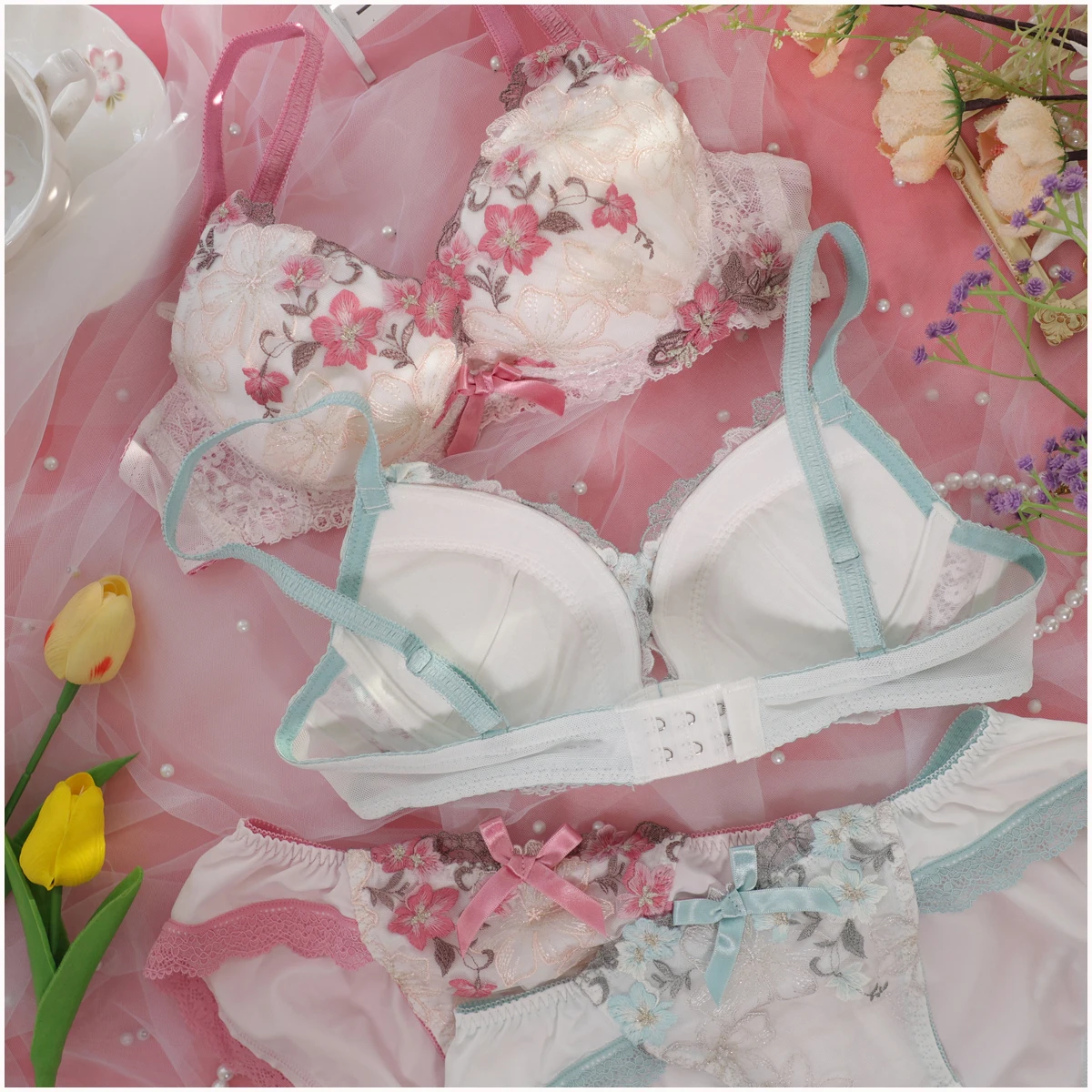 KUCLUT Teenage underwear low chicken heart bra mesh embroidery side collection comfortable gathered sexy female bra set