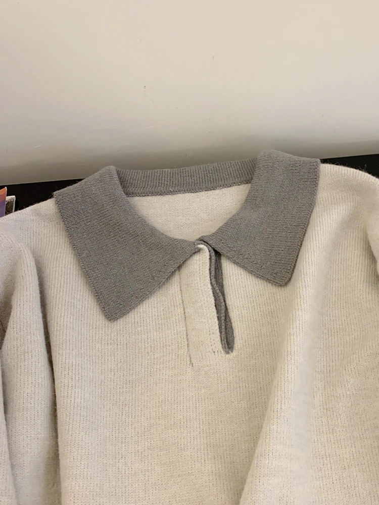 Jesienno-zimowa kobieta koreański Vintage kołnierzyk polo sweter sweter kontrastowy kolor grube swetry z długim rękawem ciepłe dzianiny koszulki