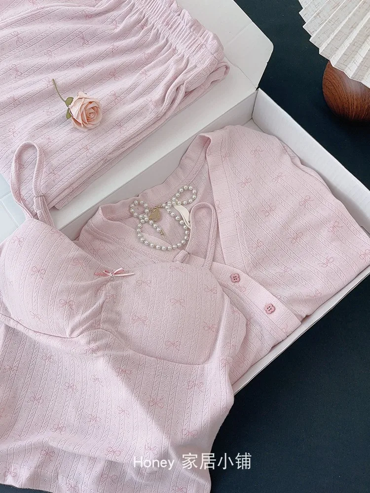 Japanese Sweet Girl Comfortable Bow Long-sleeved Pajamas Skin-friendly Breathable Casual Suspender Loungewear Three-piece Set