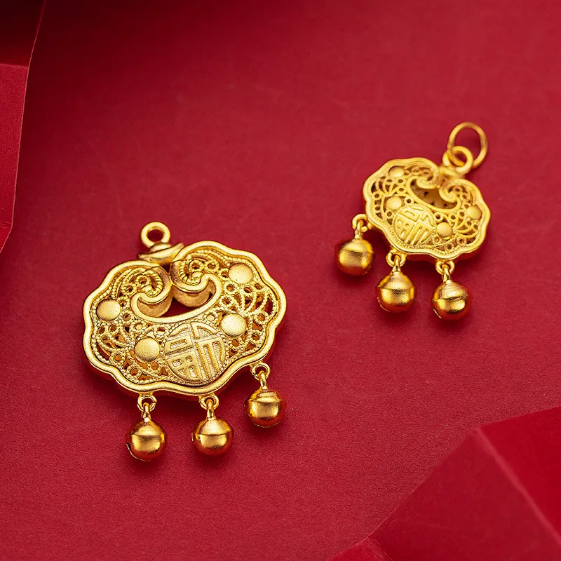 Hollow Pure 14k Gold Plated Lock Pendant Necklace for Women Child Wealth Traditional Chinese Characteristics Chain Jewelry Gift