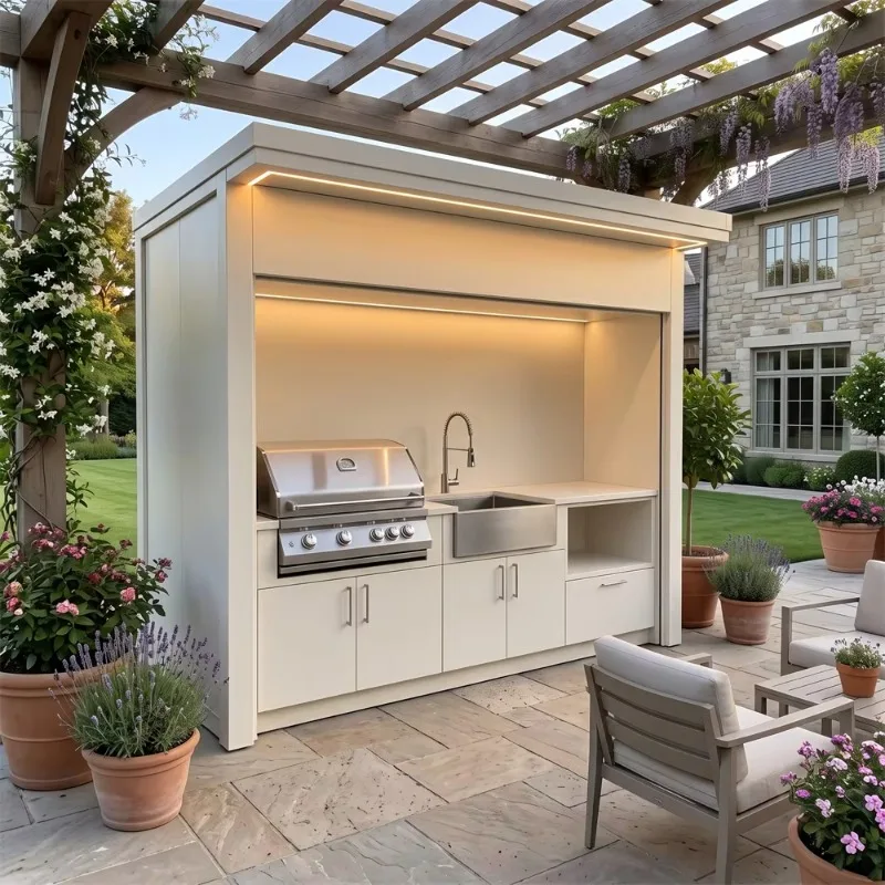 Private Roller Shutter Stainless Steel Outdoor Kitchen Cabin, Windproof Canopy Outdoor Kitchen BBQ Cabin With BBQ Grill