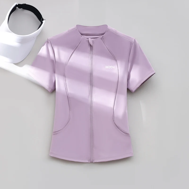 PHIGEER Women's Running Jacket Short Sleeve Quick Dry Fitness Top Sportswear Top Yoga Shirt Pocket Breathable Sport Jacket Golf