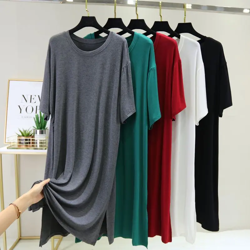 Summer Modal Short Sleeve Female Sleeping Split Long Dress Loose Housewear Nightgowns For Women V Neck Nightwear Nightshirt