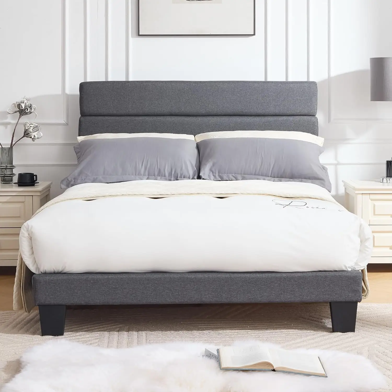 

Platform Bed Frame with Upholstered Headboard Wooden Slats Noise Free Easy Assembly Gray Customized