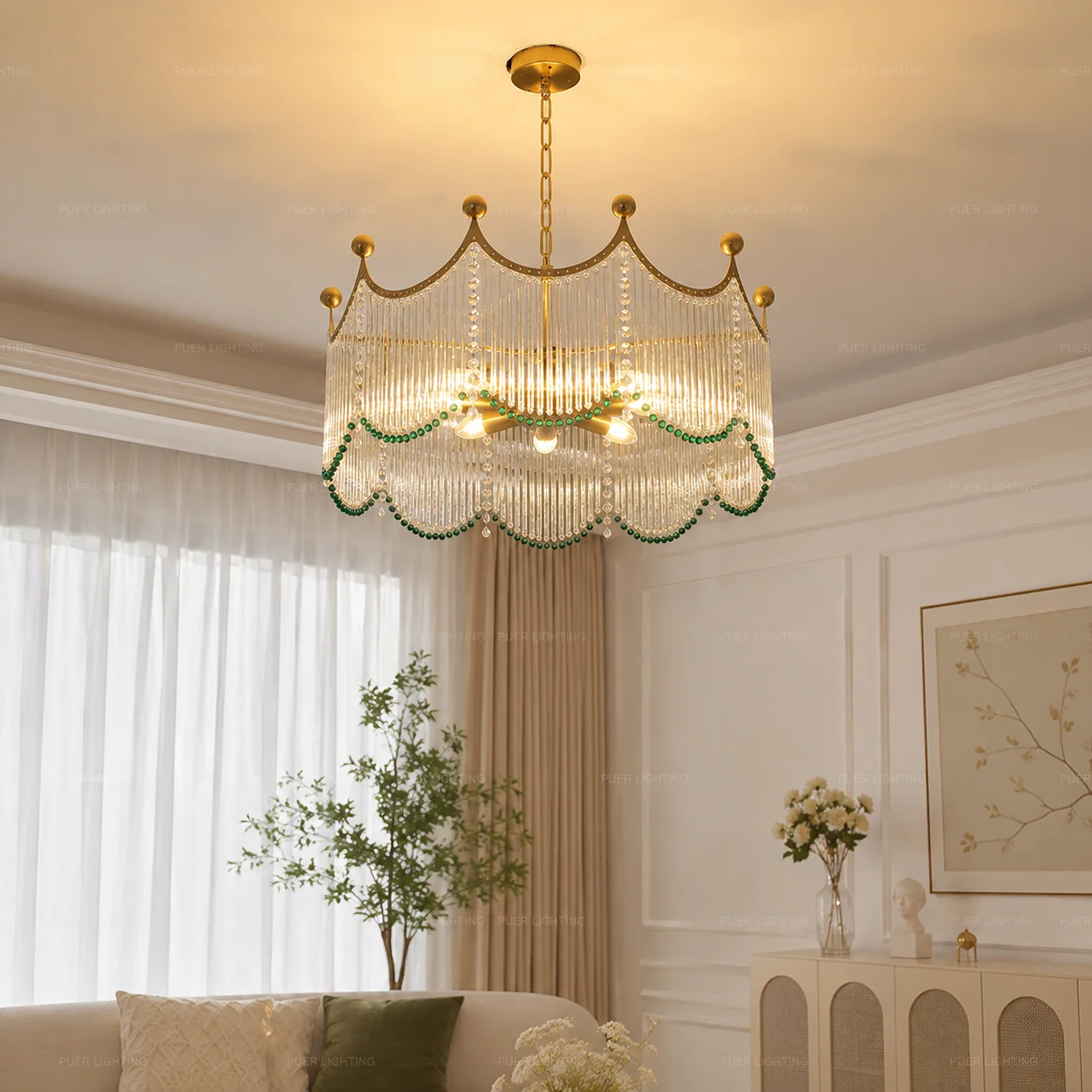 Modern Crystal Chandelier Green Crystal Bead Semi Flush Mount Ceiling Light Fixture for Hallway Bedroom Bathroom Closet Bedroom