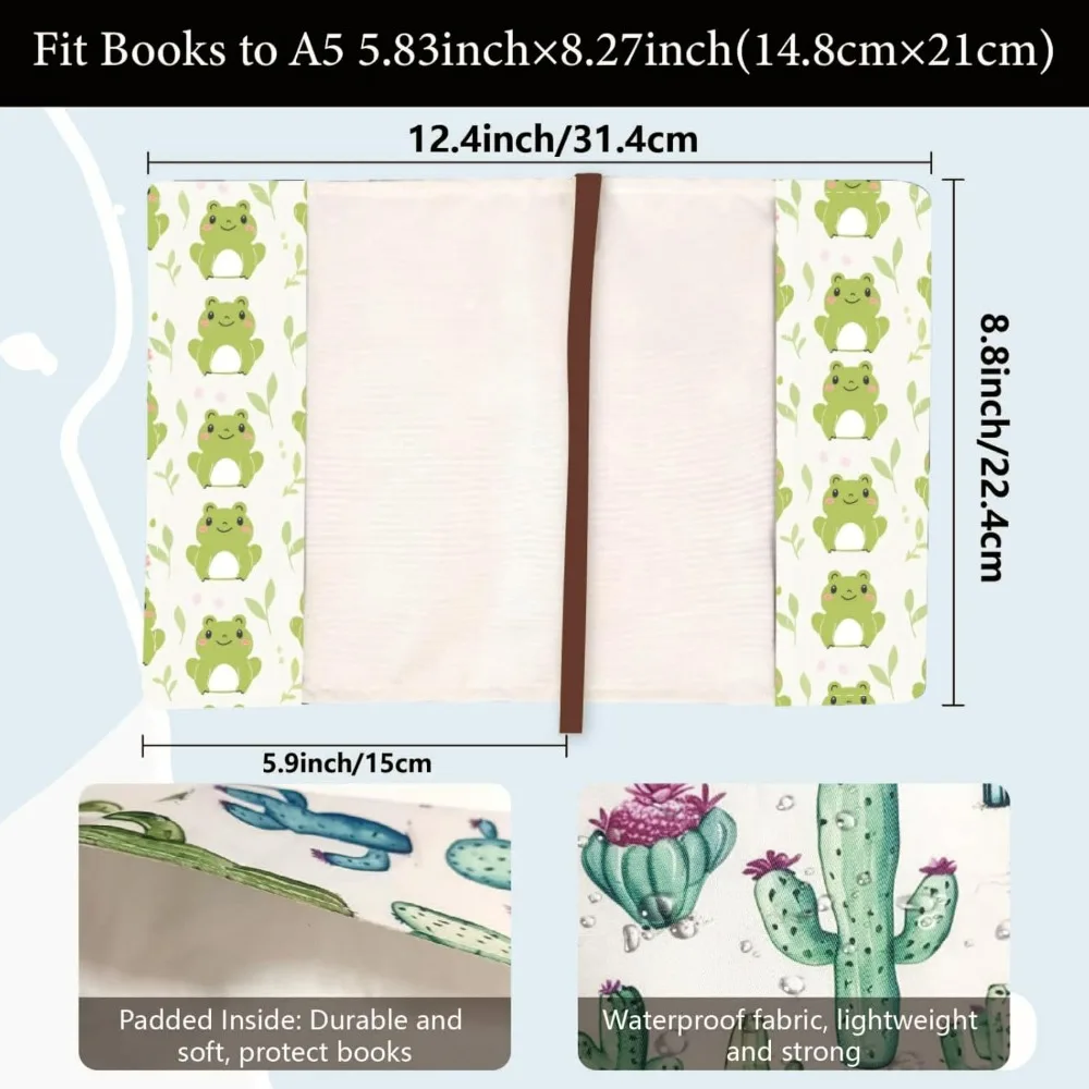 A5 Frog Book Sleeve Adjustable Book Cover for Paperback Fabric Book Covers for Soft Cover Books Textbooks 12.4x8.8Inch Books