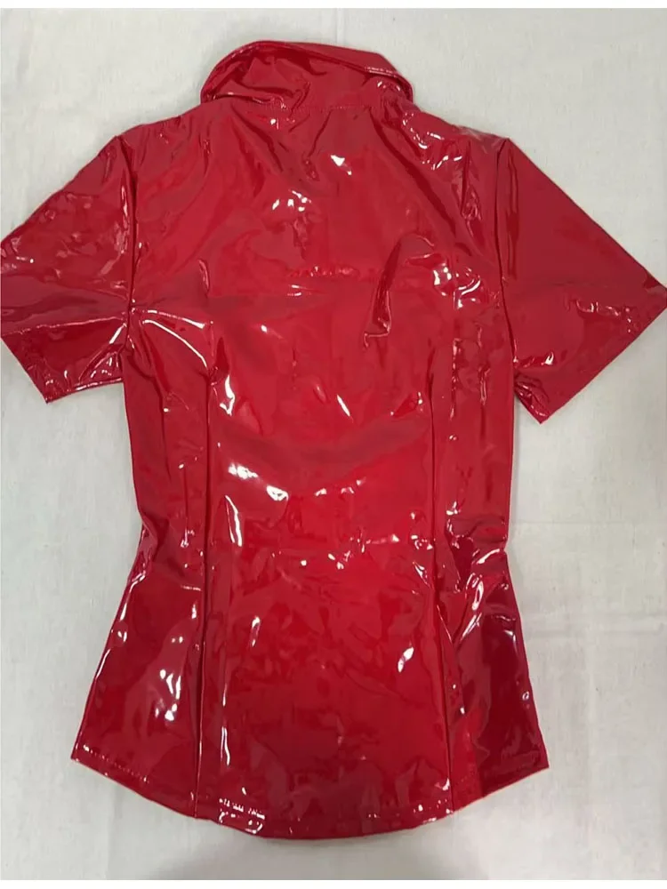 Fashion WOmen Plus Size Pu T-shirt Top Wet Look PVC Short Sleeve Shirts Shiny PU Leather Blouse Single Breasted Turn Down Collar